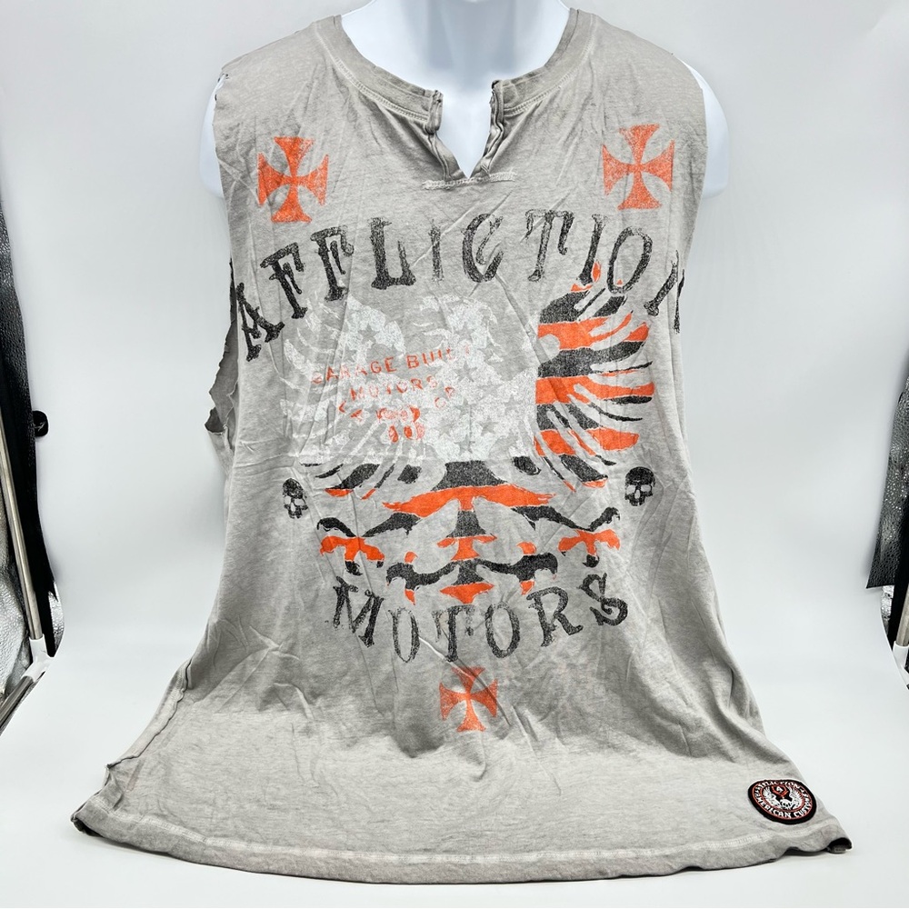 Affliction Gray w/Orange/Black/White Graphic Print Sleeveless Muscle Tee 3XL